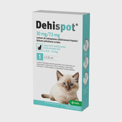 Dehispot, 30 mg/7,5 mg, užlašinamasis tirpalas mažoms 0,5-2,5kg katėms