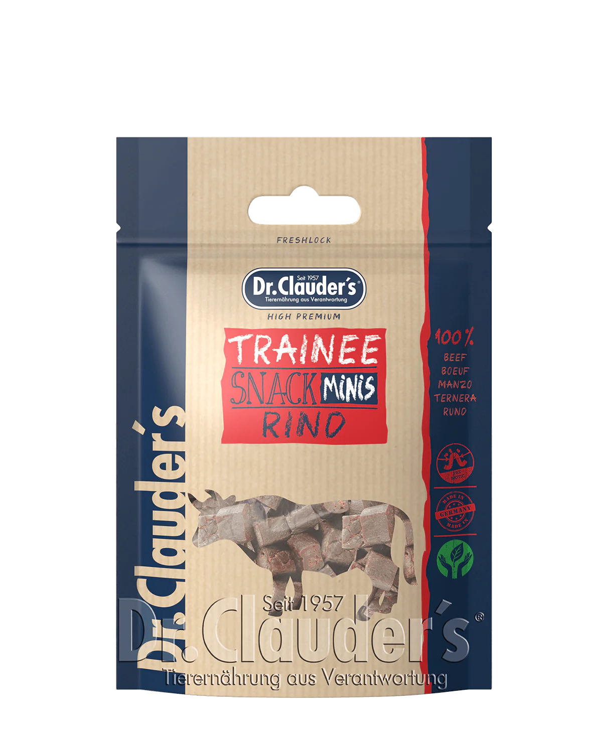 DR. CLAUDER’S TRAINEE SNACK, jautienos skanėstai kubeliais šunims ir katėms 80g