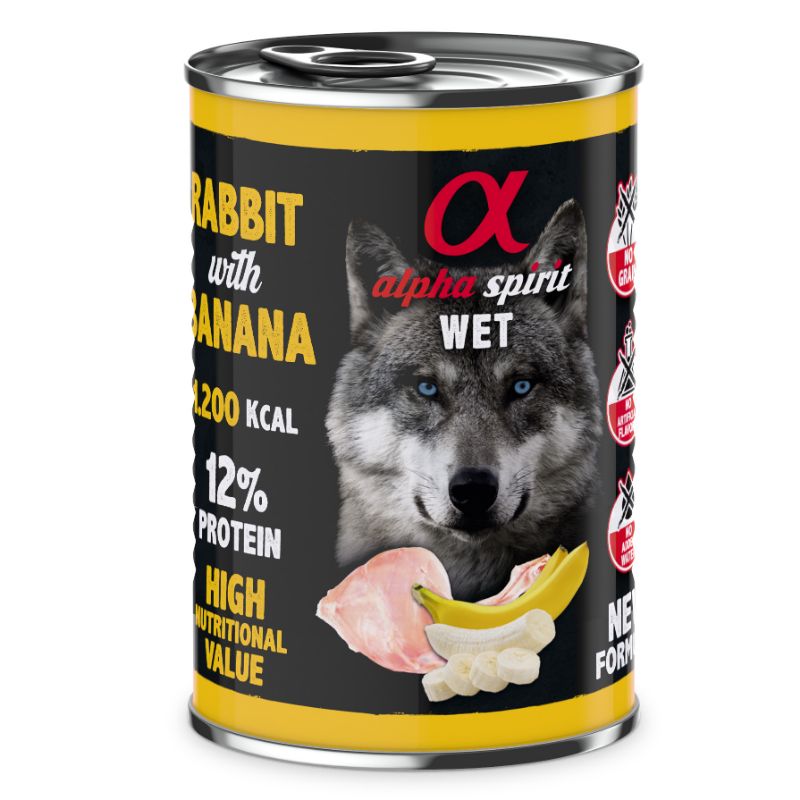 ALPHA SPIRIT WET konservas su triušiena ir bananais 400g
