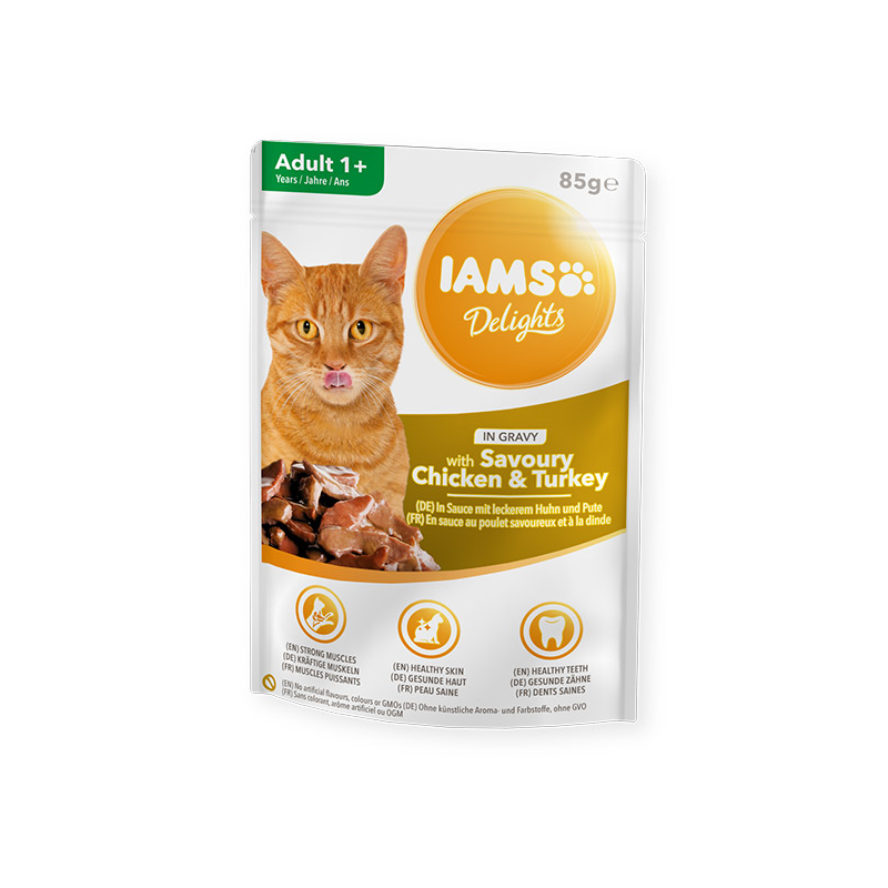 IAMS guliašai delight chicken and turkey in gravy 85gr