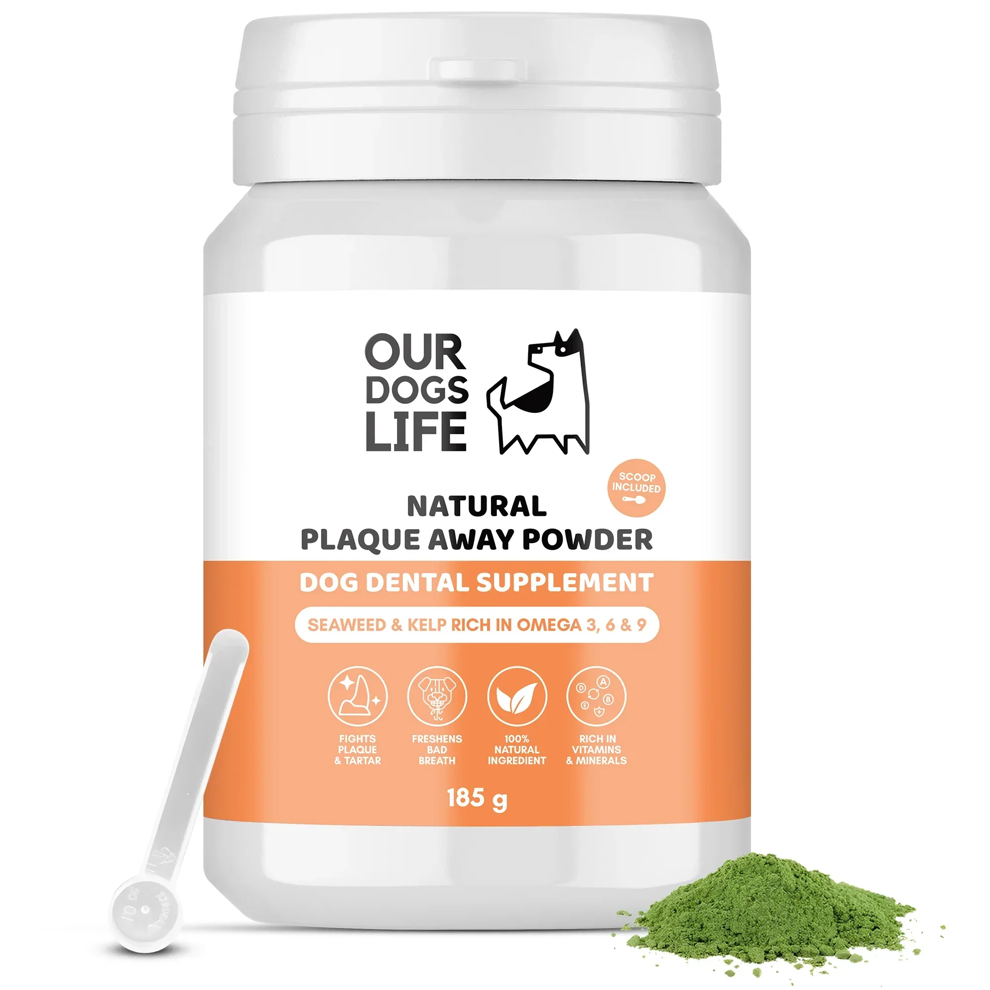 OURDOGSLIFE NATURAL PLAQUE AWAY POWDER, natūralūs dantų apnašų šalinimo milteliai 200gr