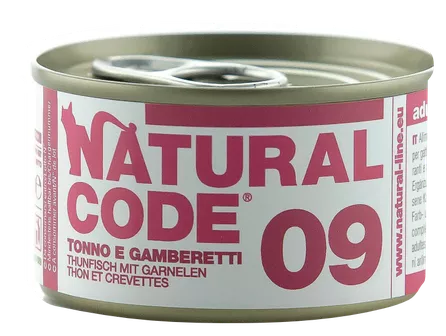 NATURAL CODE 09 tuno ir krevečių konservai katėms, 85 g