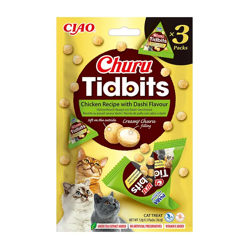 Churu Tidbits skanėstai katėms su vištiena ir Dashi sultinio skonio, 36g 3 vnt