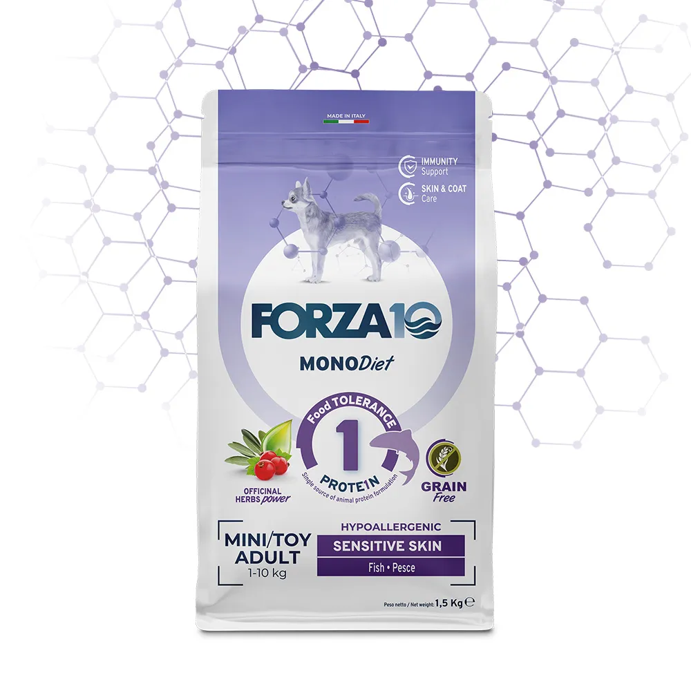 FORZA10 Monodiet Mini/Toy Adult Sensitive Skin šunims begrūdis su žuvimi 1,5kg