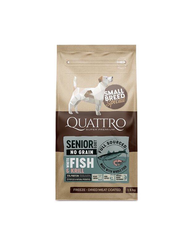 Quattro Small Breed Senior begrūdis šunų maistas Su balta žuvimi 7kg