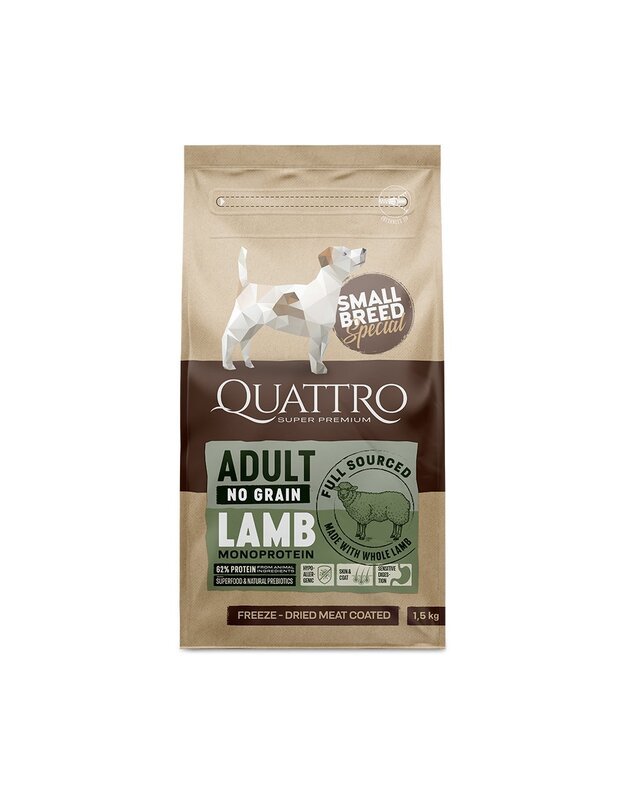 Quattro Small breed adult begrūdis šunų maistas su Ėriena 1,5kg