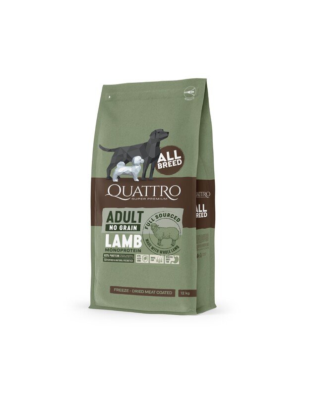 QUATTRO begrūdis visų veislių suaugusių šunų pašaras su ėriena monoproteinas, 3kg