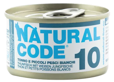 NATURAL CODE 10 tuno ir baltųjų žuvų konservai katėms, 85 g