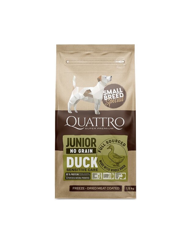 Quattro Small Breed Junior begrūdis šunų maistas su antiena 1,5kg