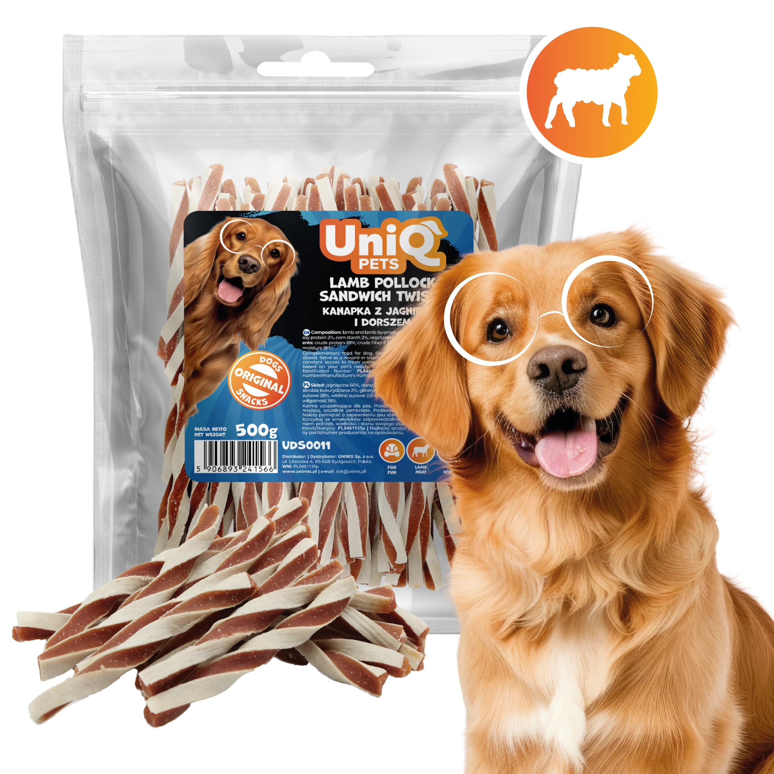 UniQ Pets – Susukti skanėstai su Aliaskos poloku ir ėriena, 500 g