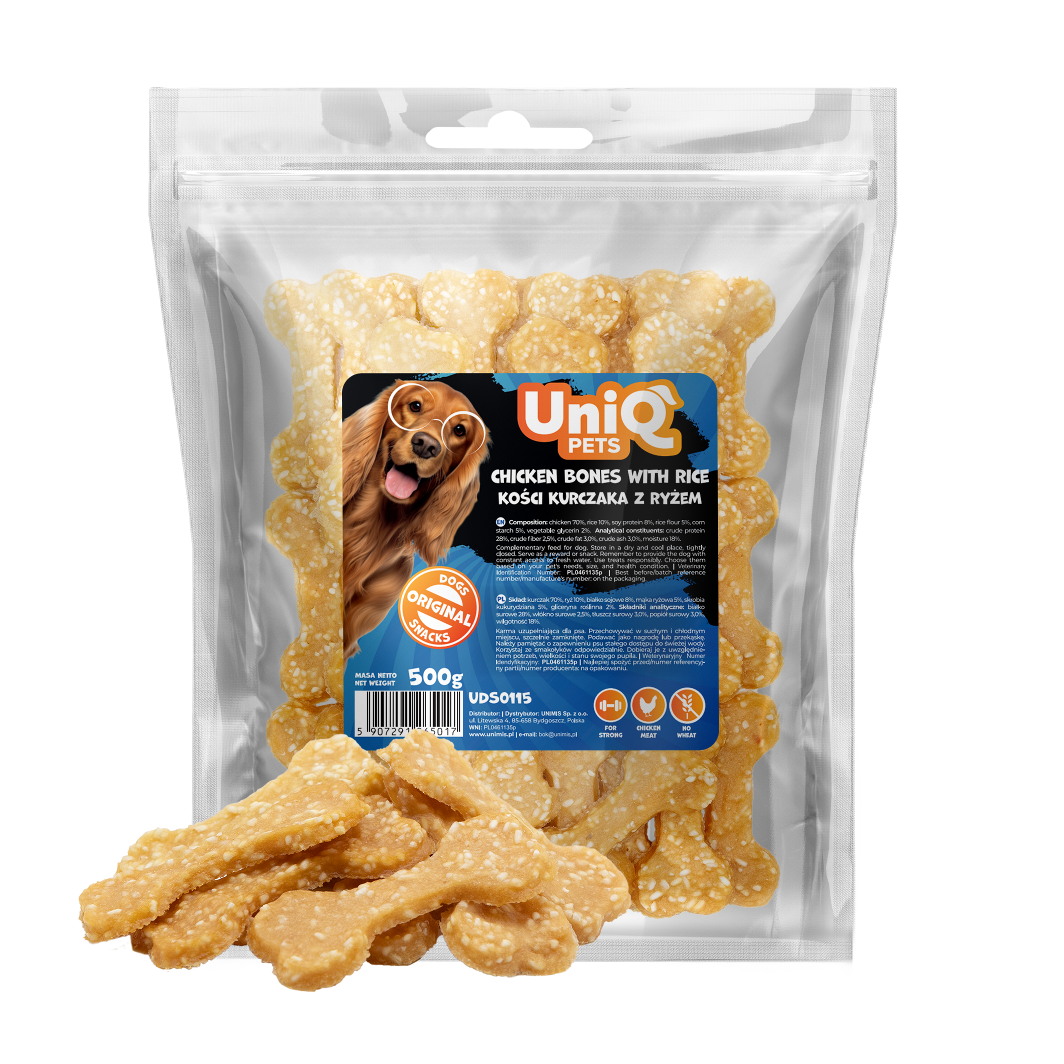 UniQ Pets – Vištienos kaulai su ryžiais, 500 g
