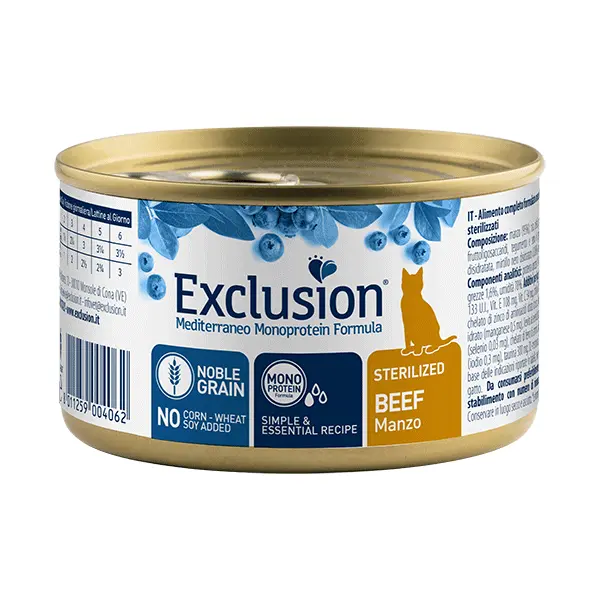 Exclusion Mediterraneo Mono Protein konservuotas pašaras sterilizuotoms katėms su jautiena, 85 g