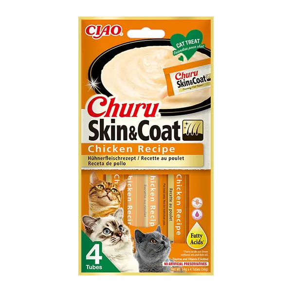 Churu Skin+Coat kreminis skanėstas katėms su vištiena, 4vnt
