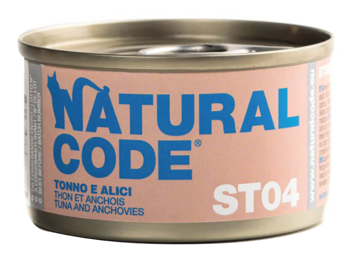 NATURAL CODE Steril 04 tuno ir ančiuvių konservai katėms, 85 g