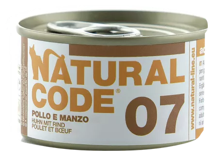 NATURAL CODE 07 vištienos ir jautienos konservai katėms, 85 g