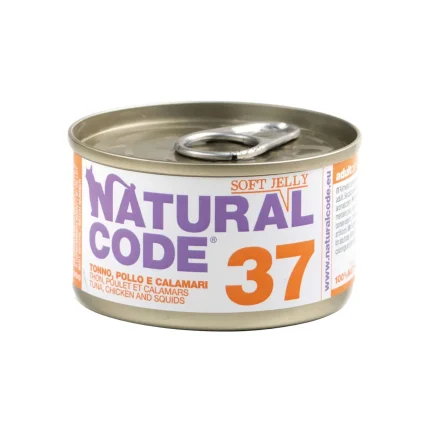 NATURAL CODE 37 tuno, vištienos ir kalmarų konservai katėms, 85 g