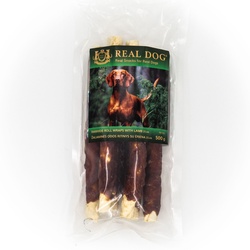 REAL DOG SNACKS Žaliaminės odos ritinys su ėriena 25cm 500g REAL DOG SNACKS Žaliaminės odos ritinys su ėriena 25cm 500g