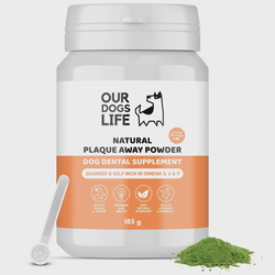 OURDOGSLIFE NATURAL PLAQUE AWAY POWDER, natūralūs dantų apnašų šalinimo milteliai 200gr