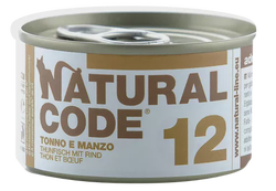NATURAL CODE 12 tuno ir jautienos konservai katėms, 85 g