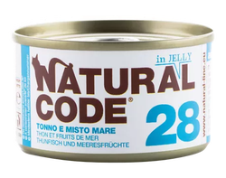 NATURAL CODE 28 tuno ir jūros gėrybių konservai katėms, 85 g
