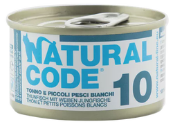 NATURAL CODE 10 tuno ir baltųjų žuvų konservai katėms, 85 g