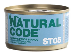 NATURAL CODE Steril05 tuno ir jūros ešerio konservai katėms, 85 g